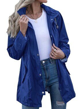 Women's Royal Blue Hooded Striped Lined Waterproof Active Packable Rain Jacket